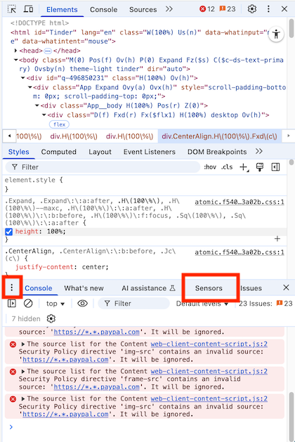 Sensors tab in Chrome DevTools